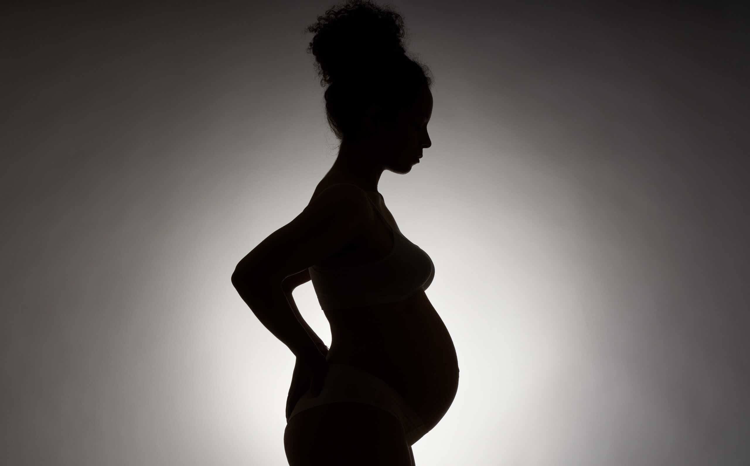 Silhouette of a pregnant woman on a white background.