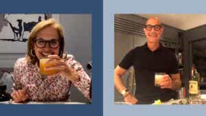 Katie Couric having a zoom call with stanley tucci