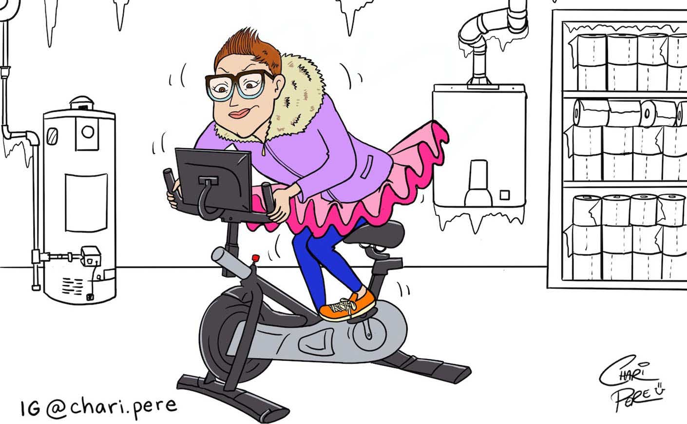 cartoon of a woman on a spin bike