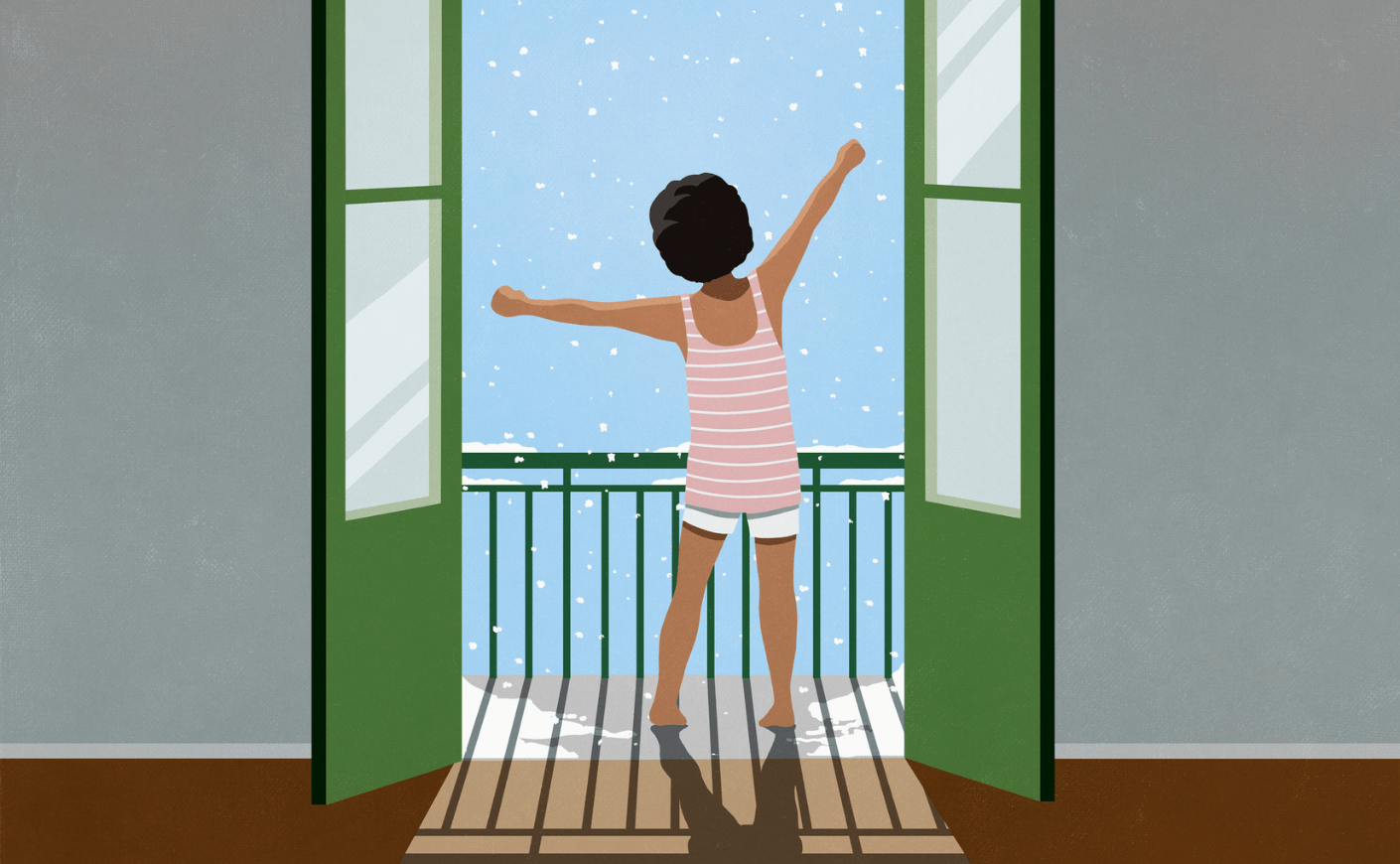illustration of little girl in winter standing on balcony