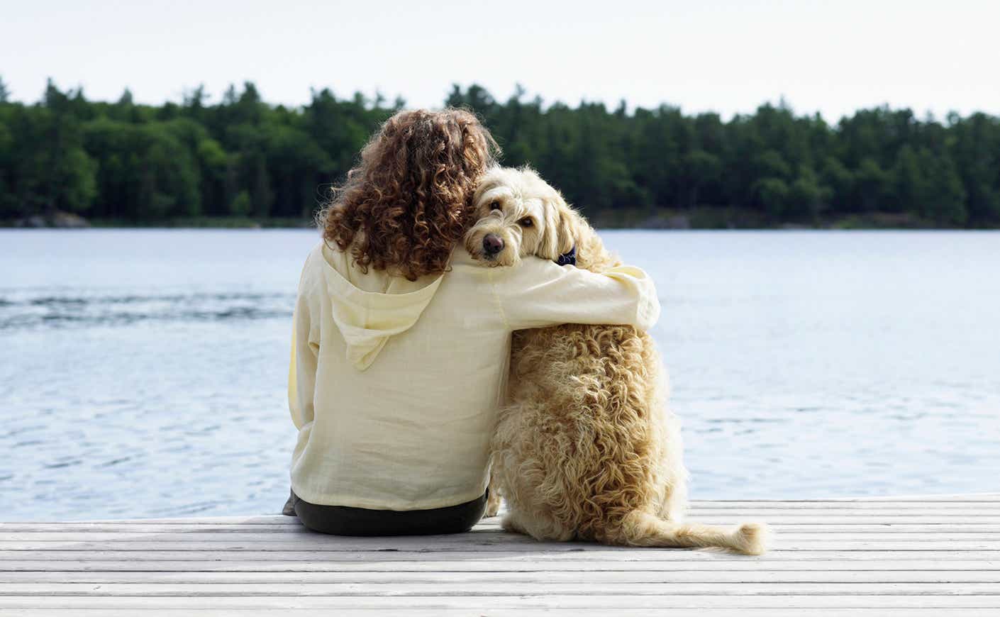 Woman sitting with dog on jetty, rear view