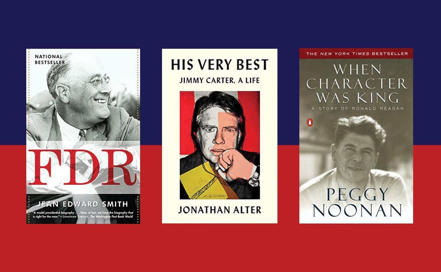 Presidential biographies on a blue and red background
