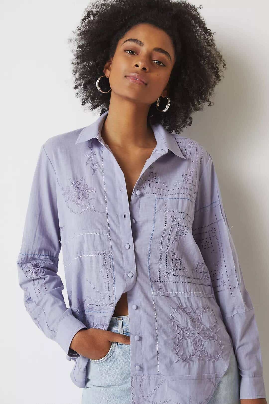 anthropologie handkerchief blouse on model
