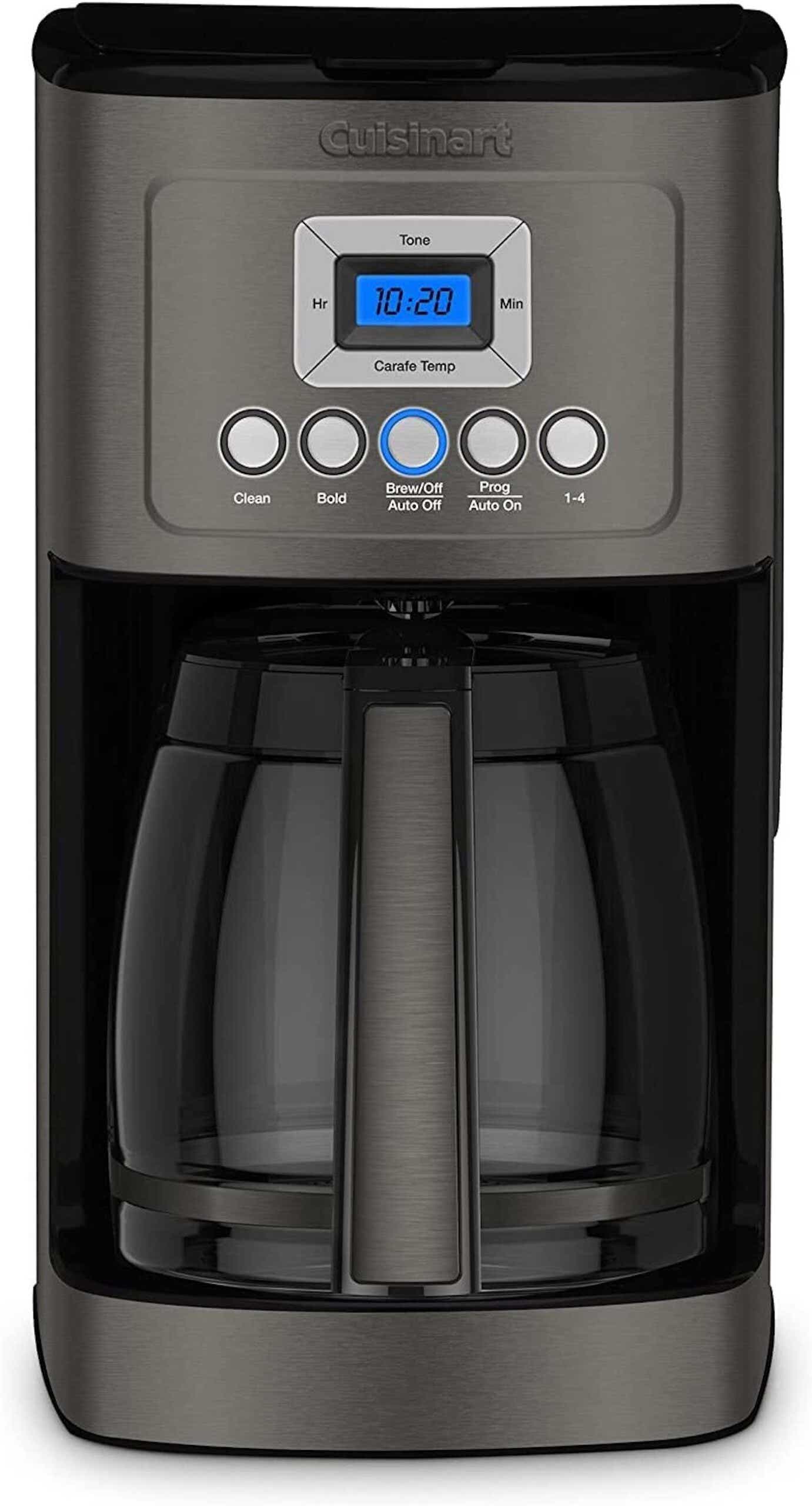 A black coffeemaker with stainless steel accents is pictured from the front, showing the programmable buttons.