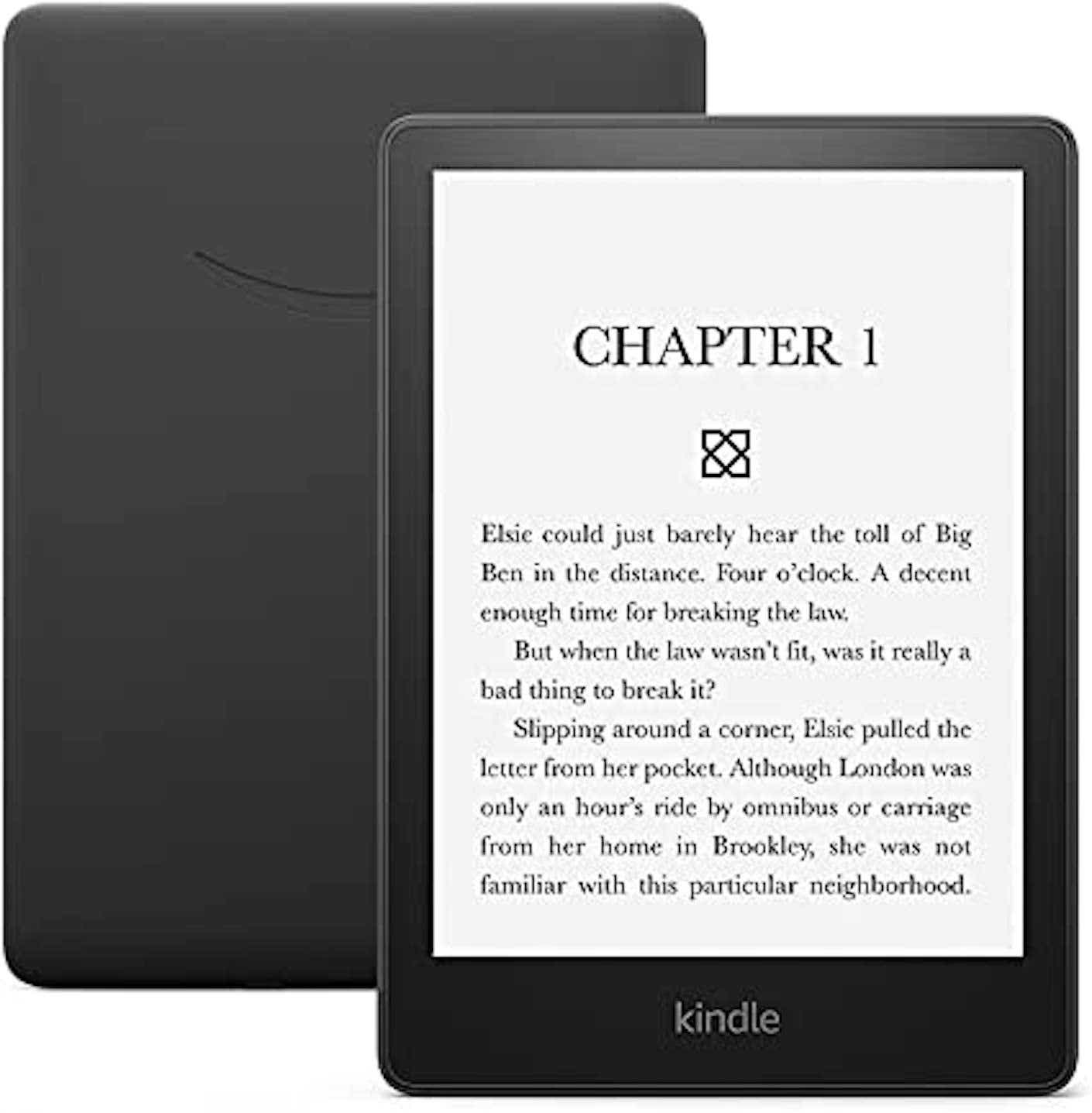 A black ereader device is pictured to show the crystal clear display.