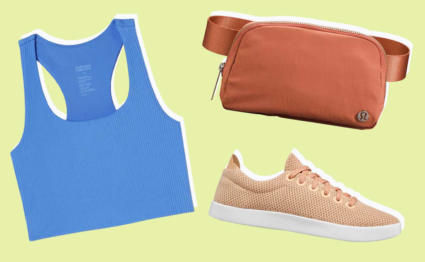 sports bra, shoes, and fanny pack collage