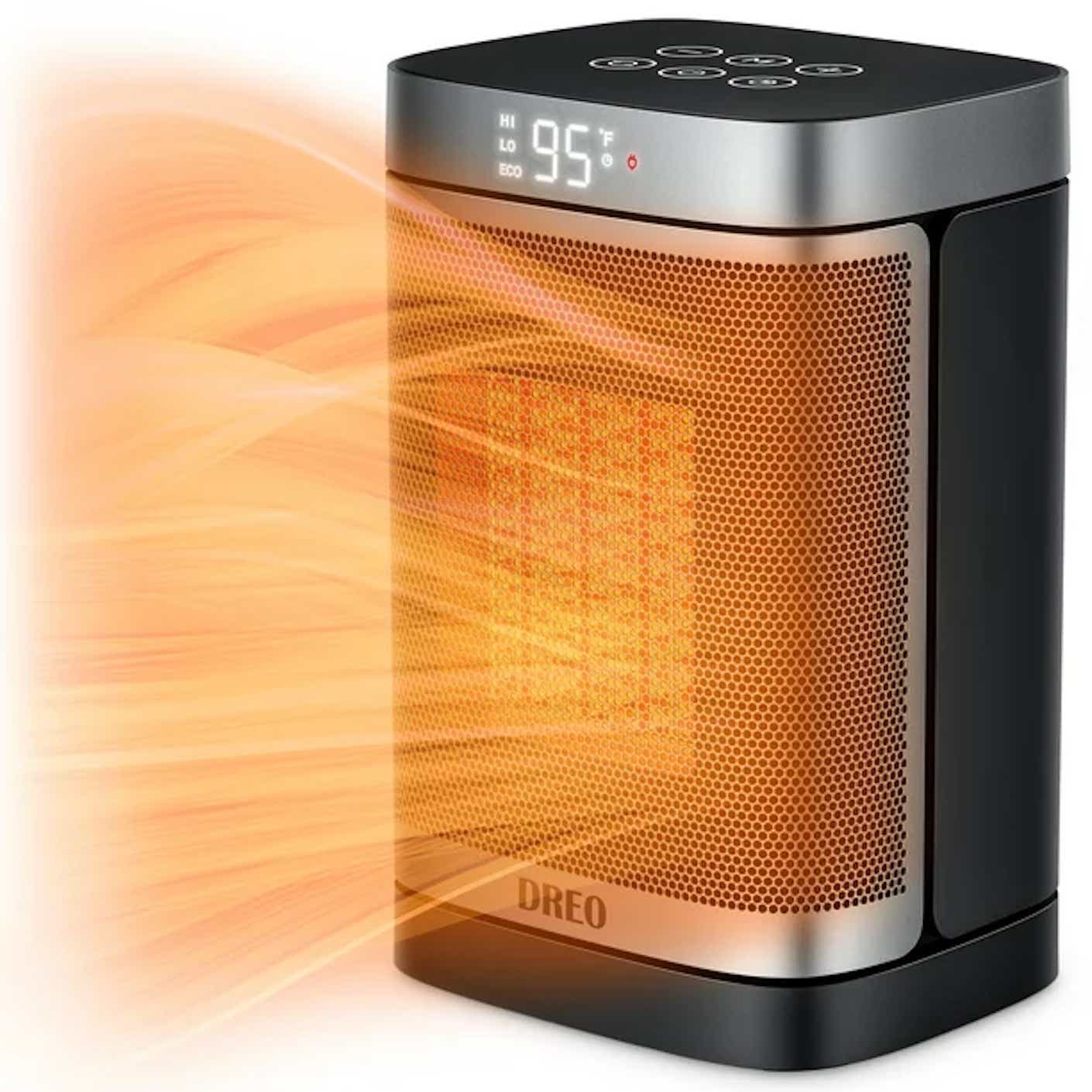 A tall, rectangular space heater with a digital display is pictured with orange rays of warmth coming from the heater.