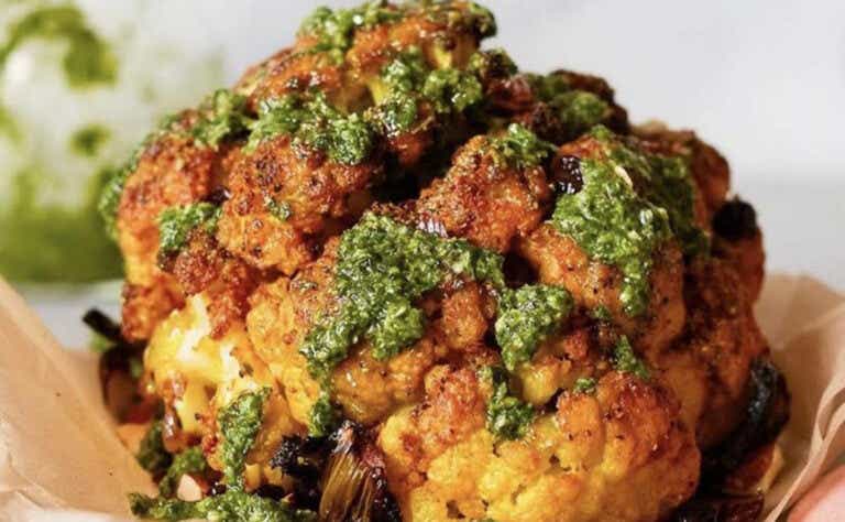 baked cauliflower with a sort of pesto sauce