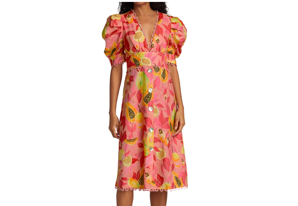Farm Rio - Puff-Sleeve Papaya-Print Linen Midi Dress