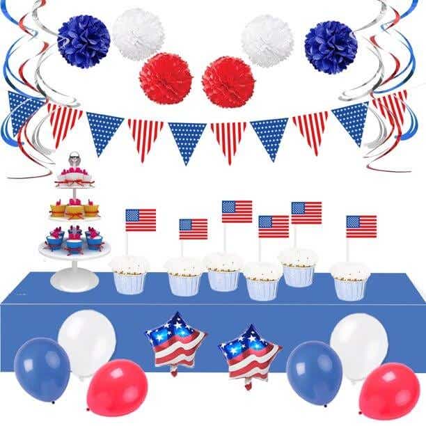 red white and blue party decorations, like streamers, balloons, and tablecloth