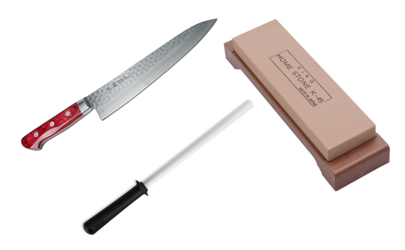 Korin chef's knife, Kyocera ceramic sharpener, Korin wet stone