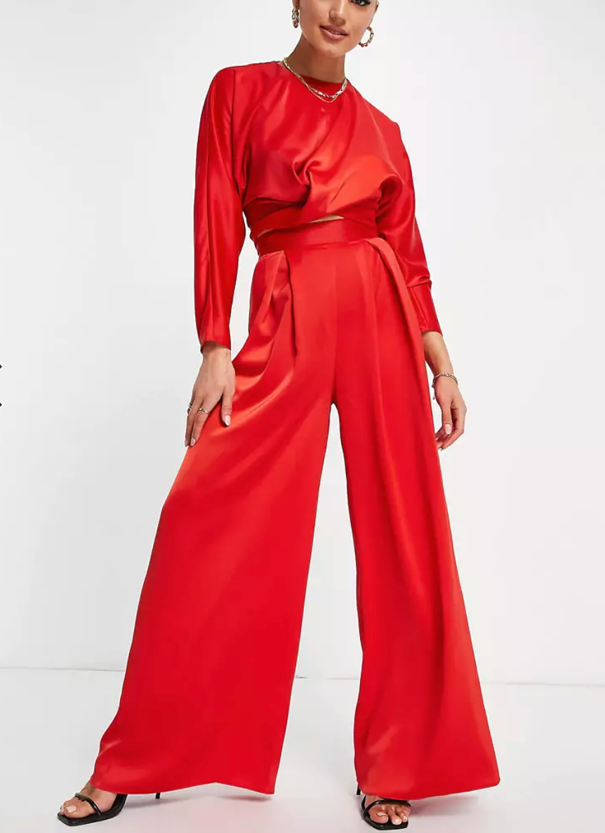 red satin pants and top