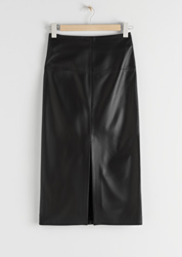 Front Slit Leather Midi Skirt