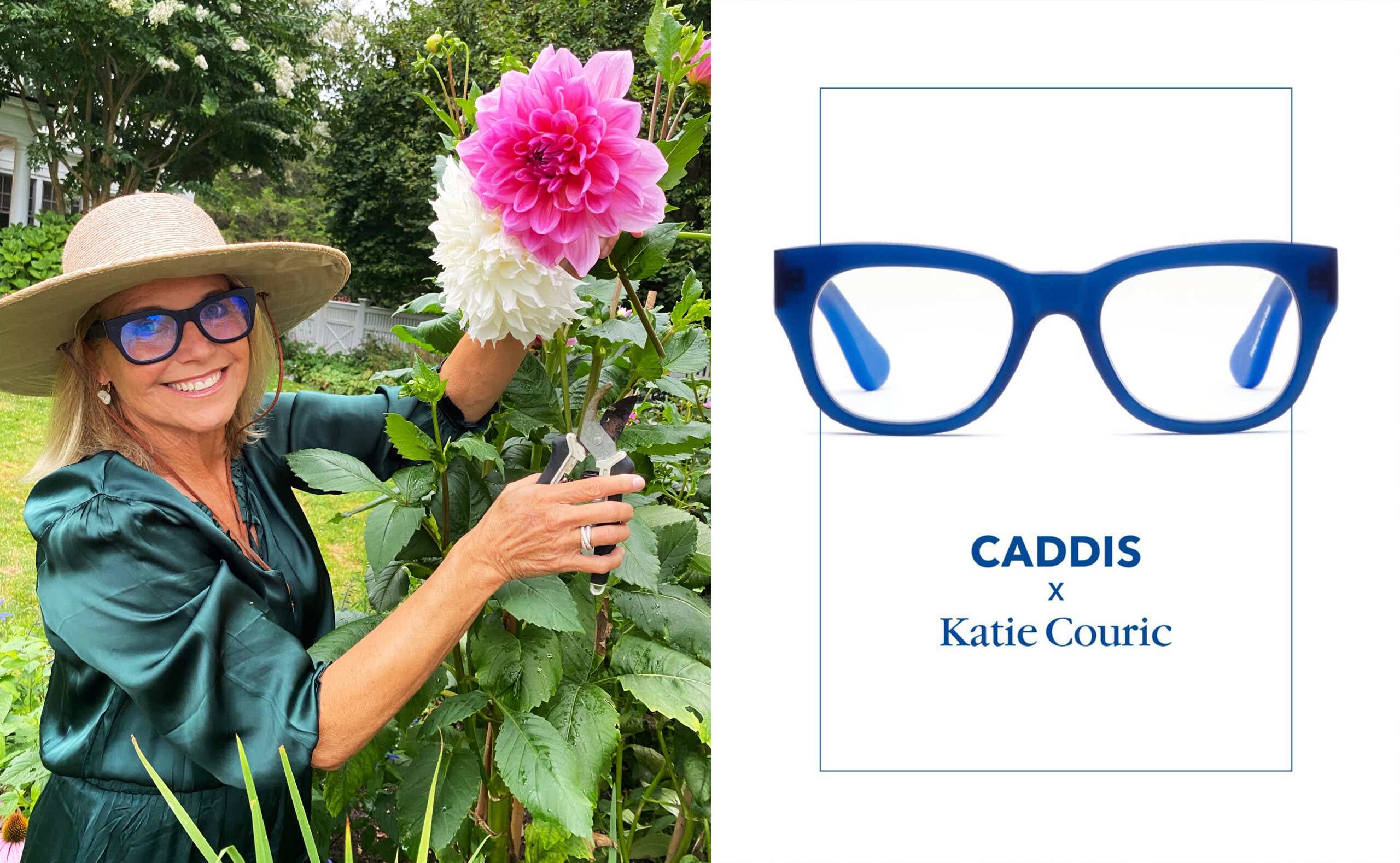 Katie Couric wearing Caddis Glasses while gardening