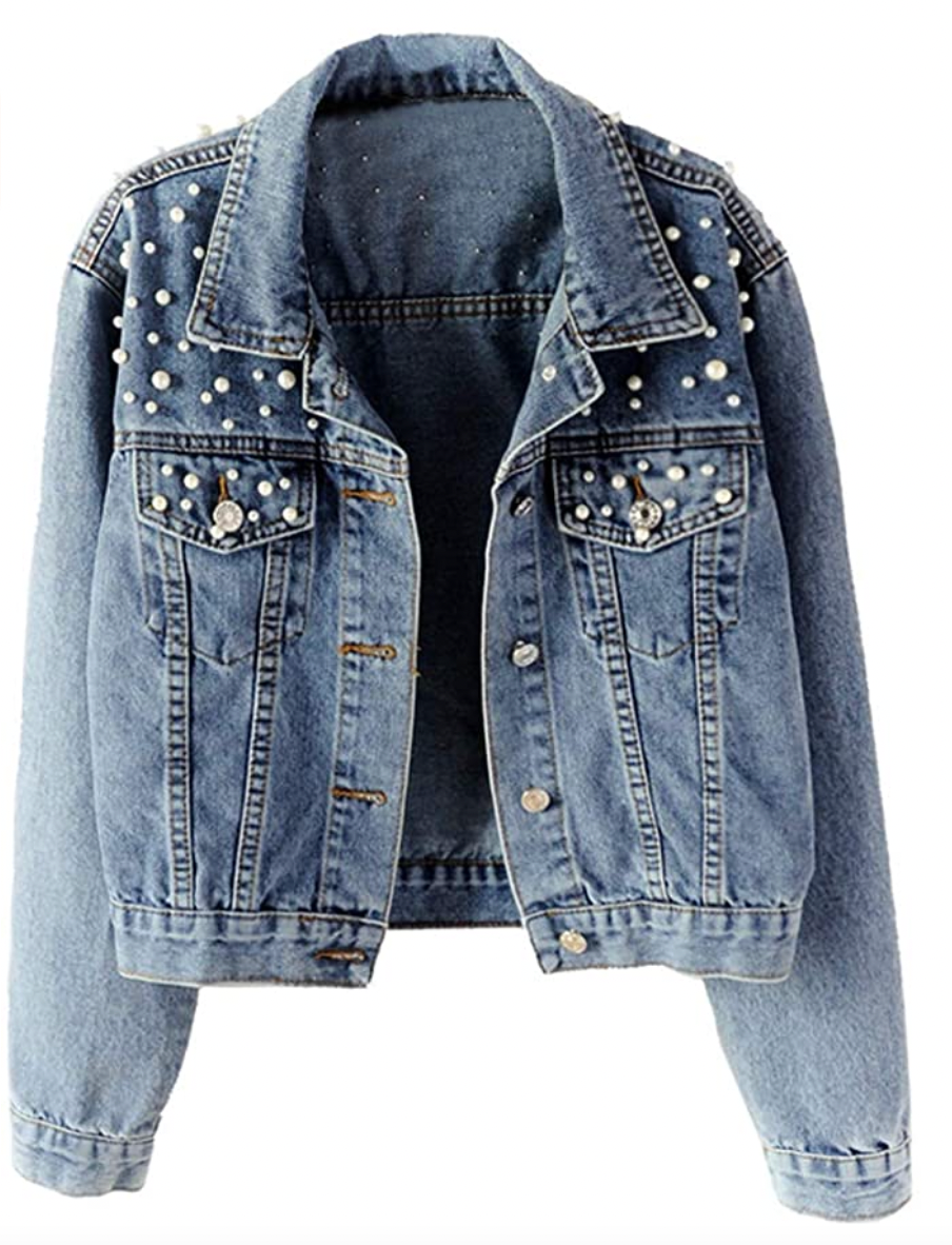 Oversized Denim Jacket Embroidered Pearls Beading Denim Jacket