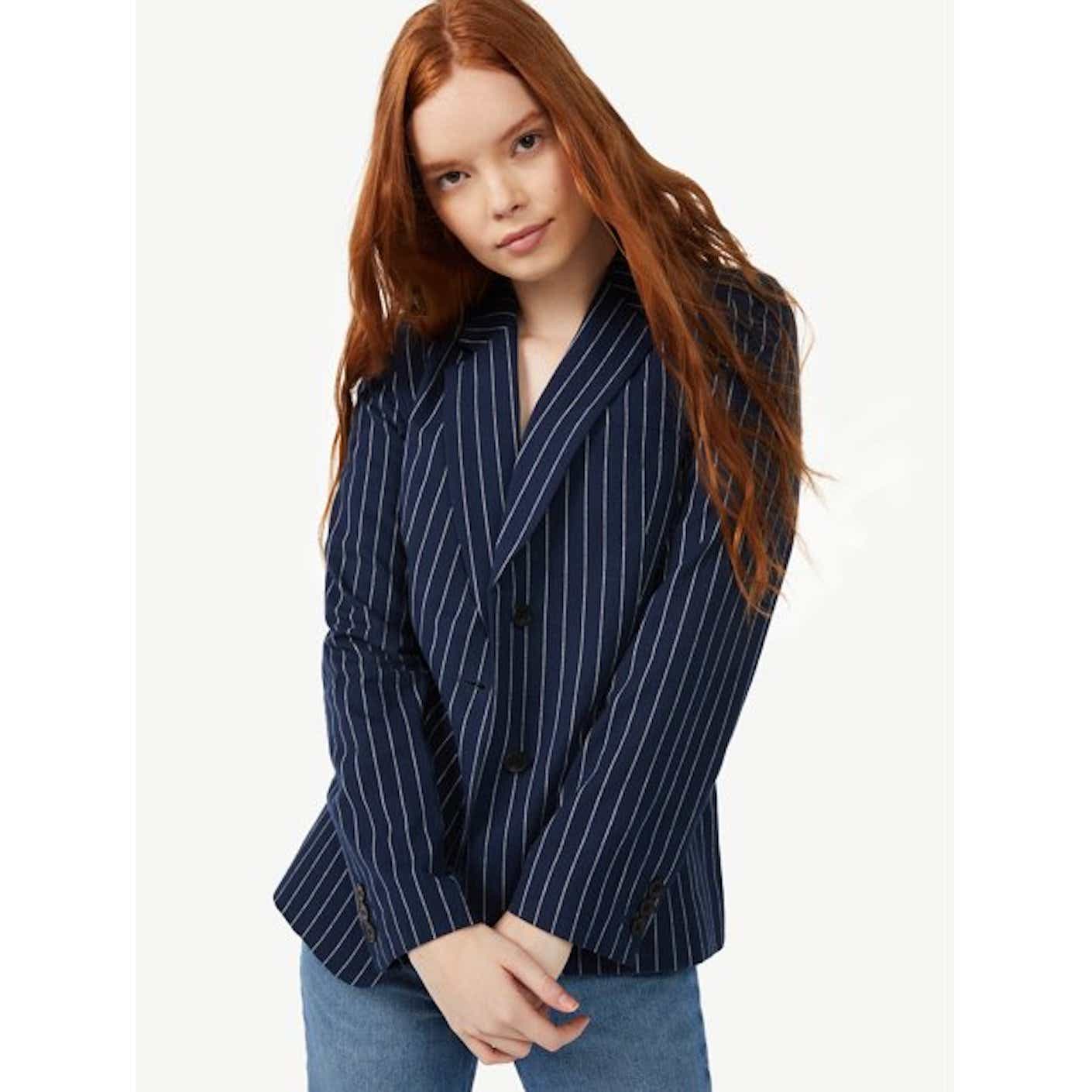 model wearing navy and white stripes blazer from walmart