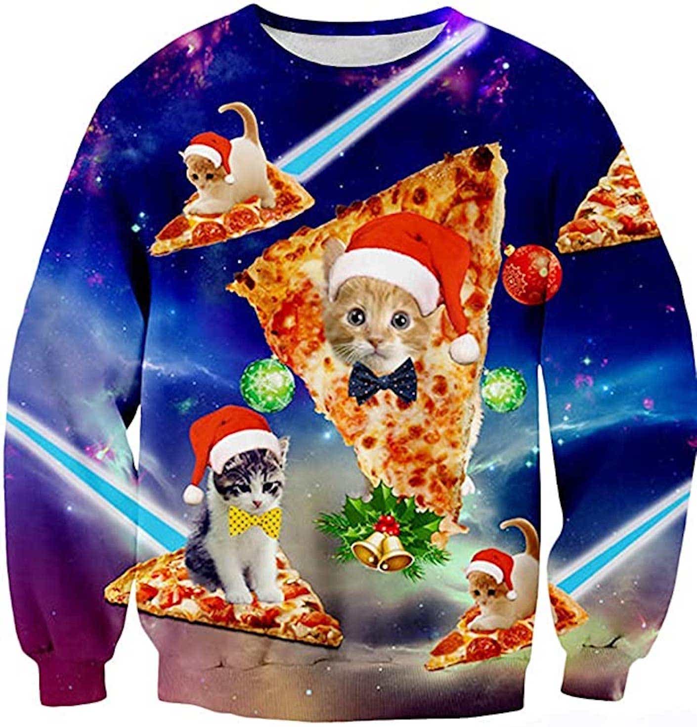 Funny ugly holiday sweater including cats and pizza