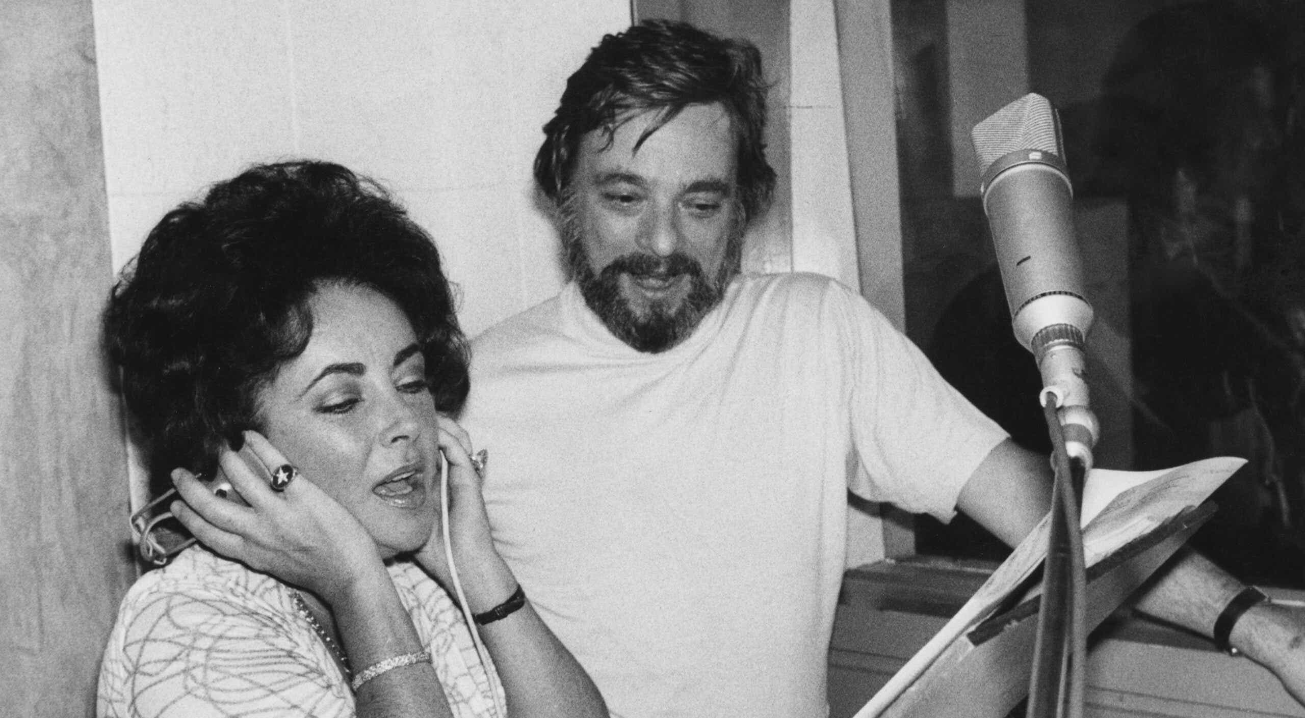 Elizabeth Taylor at a Wembley studio with Stephen Sondheim, to record the songs for the film 'A Little Night Music',