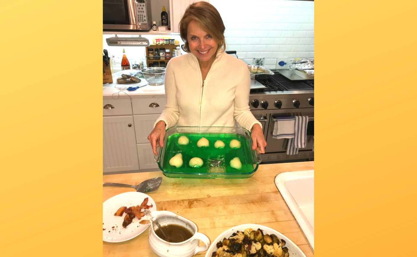 katie couric with her lime jello dish on thanksgiving
