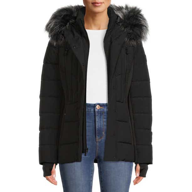 waist-length black puffer jacket with fur hood