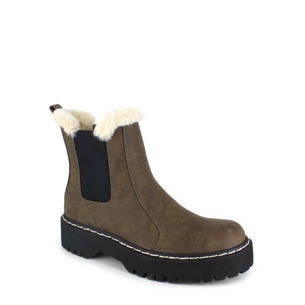 olive colored chelsea boots with fur