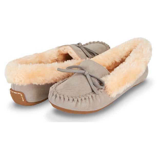 gray slippers with fur interior
