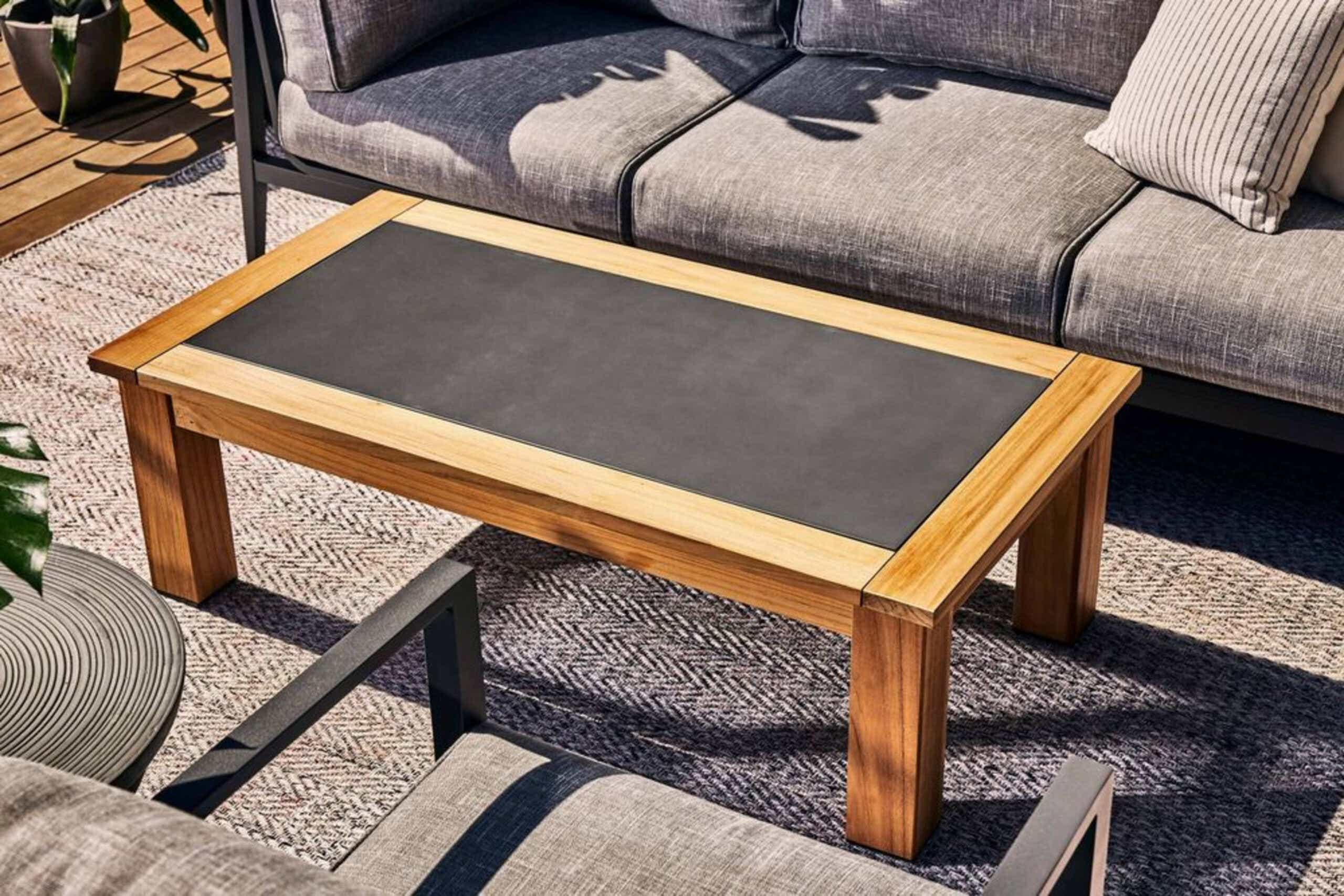 wood outdoor coffee table with concrete inlay
