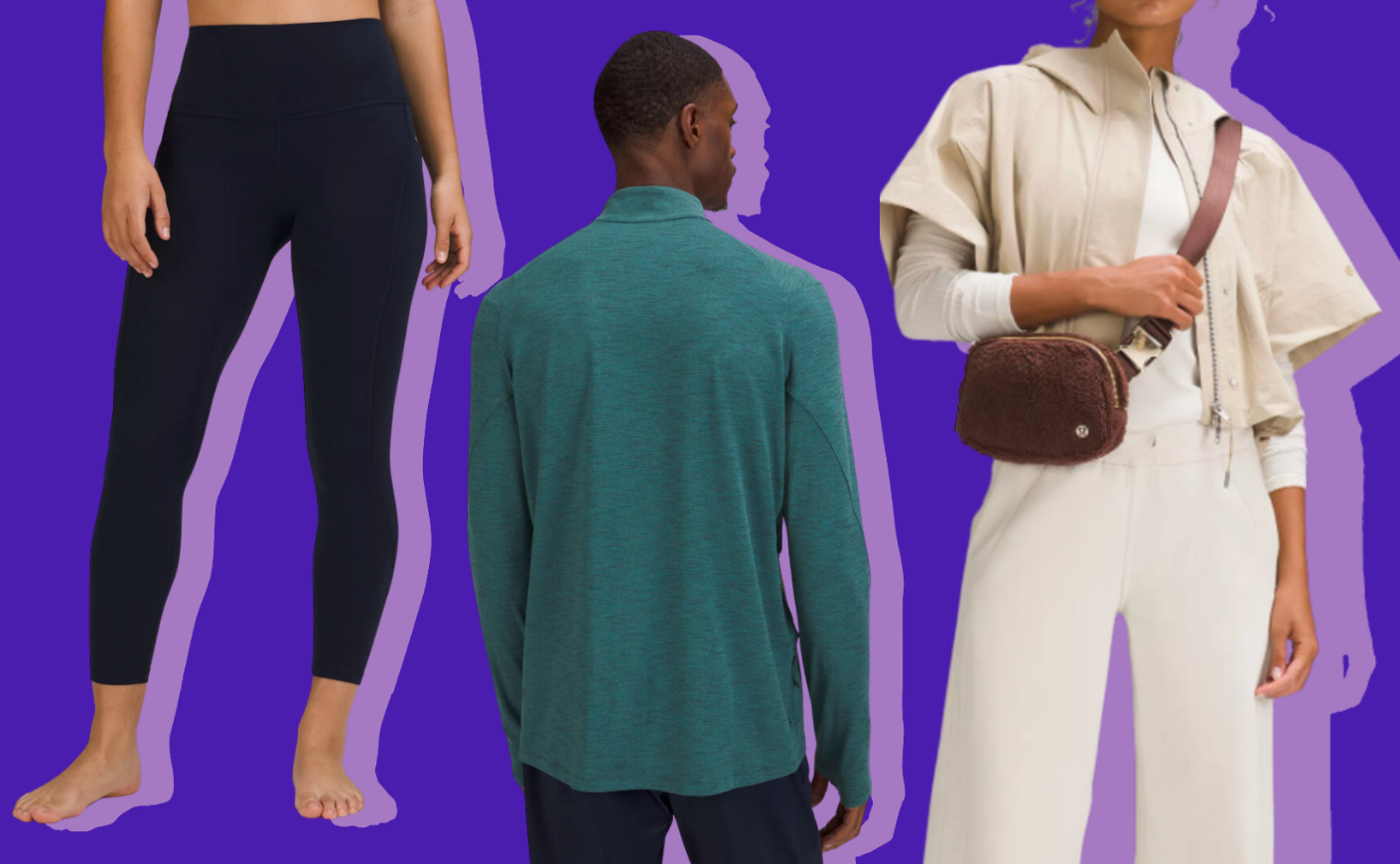 three models wearing lululemon products on a purple background