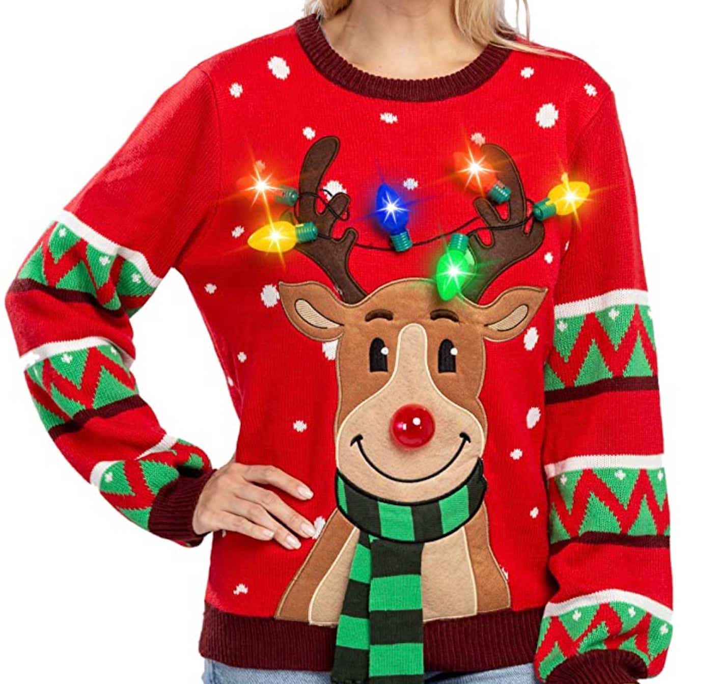 Funny holiday sweater with Christmas lights and rudolf