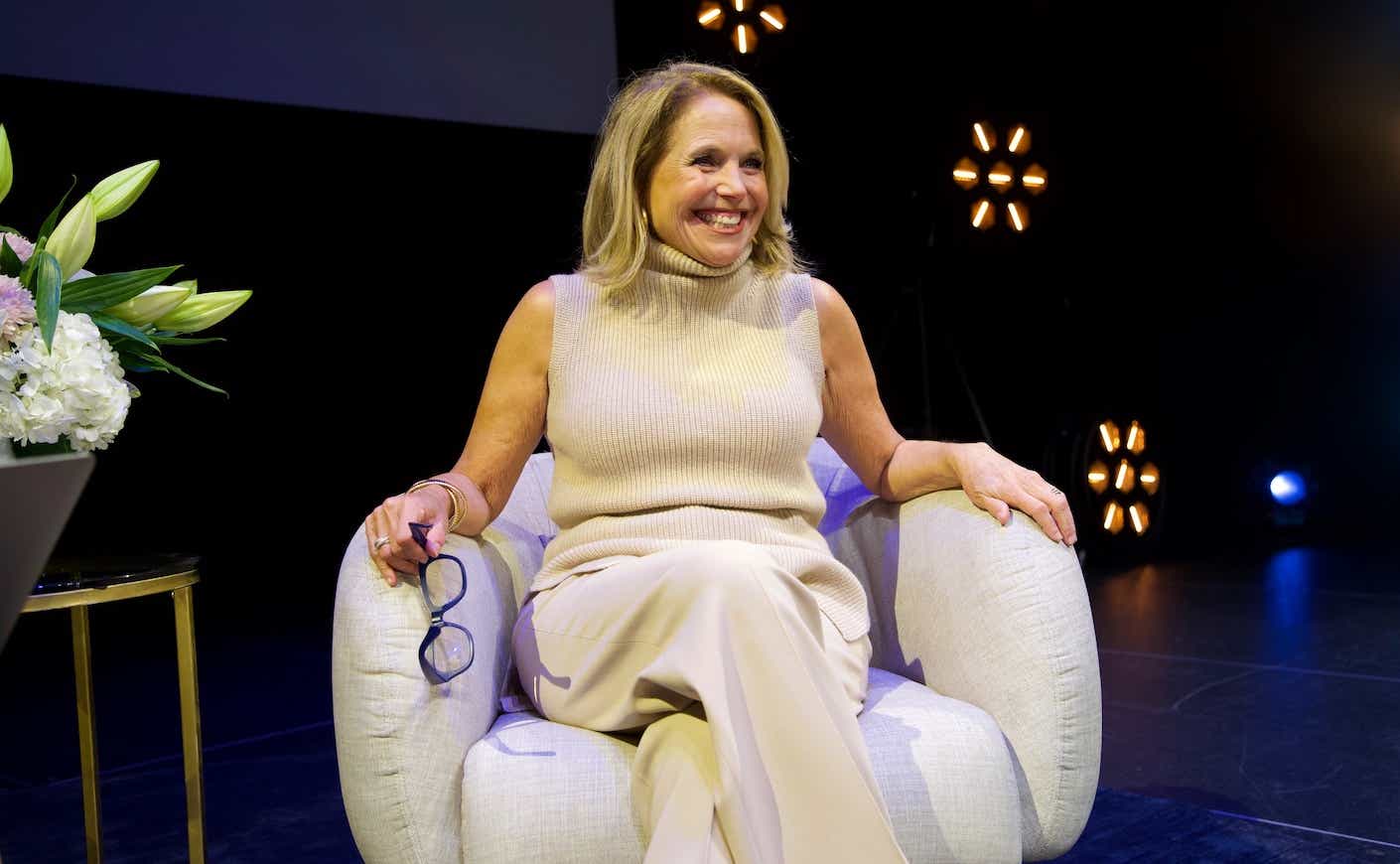 katie couric going there tour beige outfit in san francisco