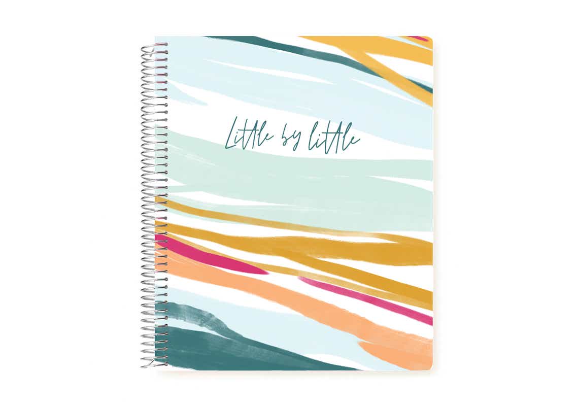 colorful planner that says "little by little"