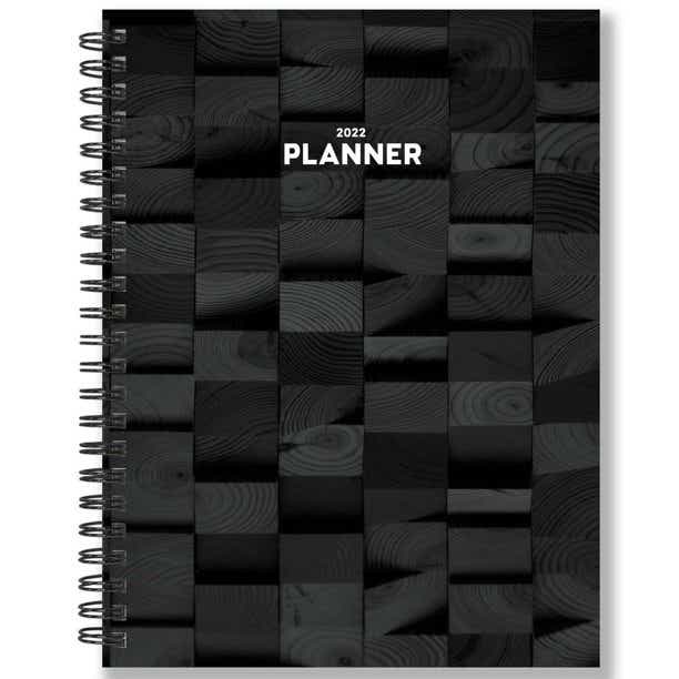 black planner with wooden blocks pattern