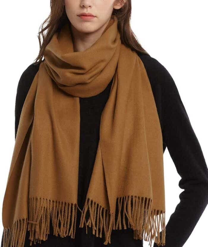 cashmere feel camel scarf on model