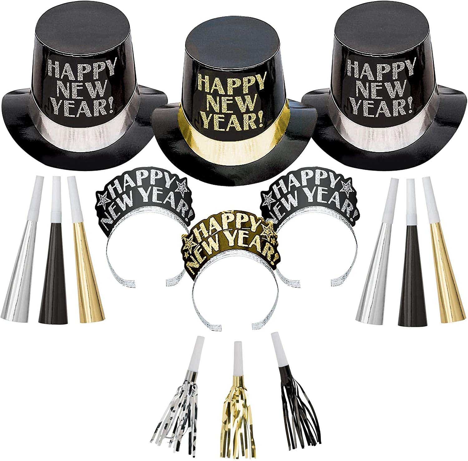 amscan Midnight Elegance Black, Gold and Silver 2023 New Year's Eve Party Decorations Supplies for 10, Includes Top Hats and Tiaras