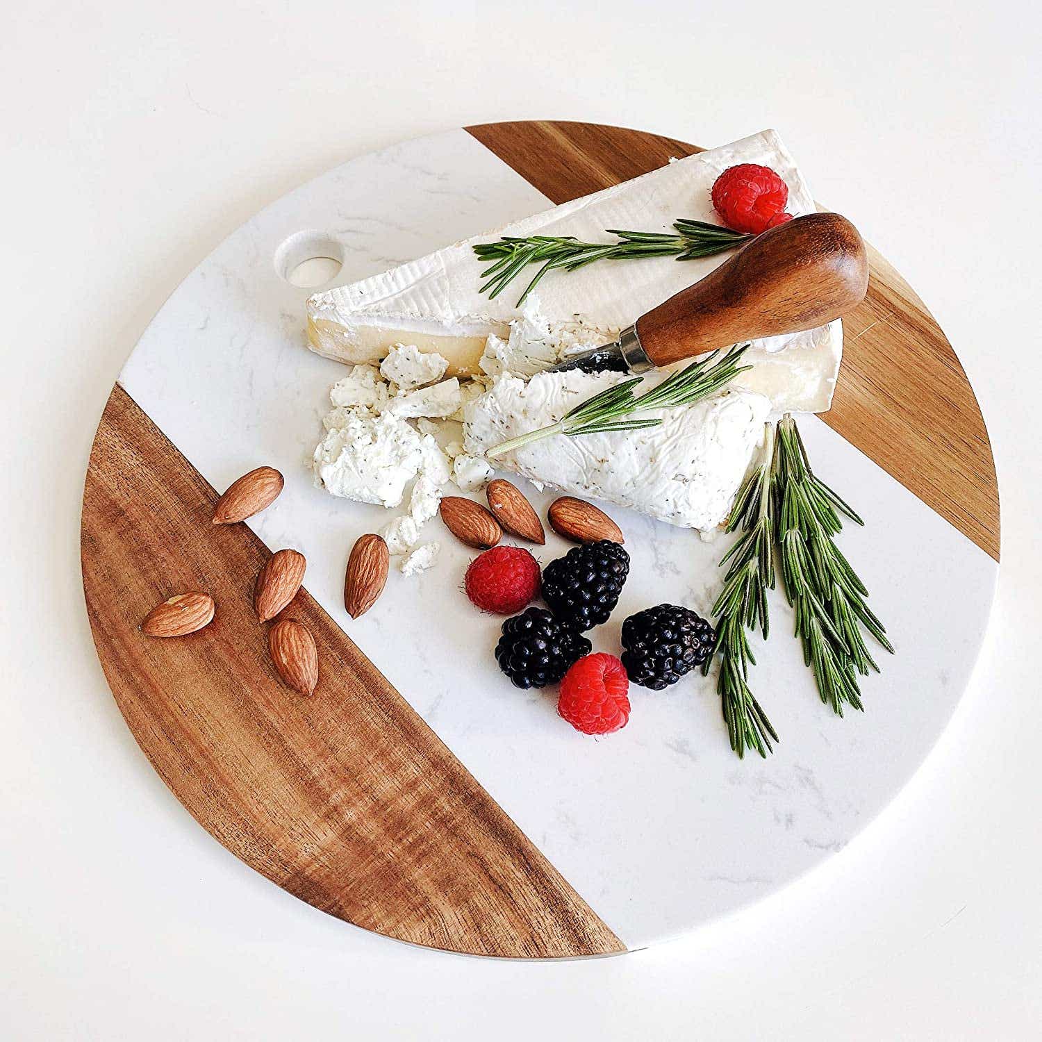 Marble Cheese Board with Acacia Accent 12" Round - Beautifully Handcrafted Charcuterie Board for Two - Round Cutting Board - Wonderful Housewarming Gift