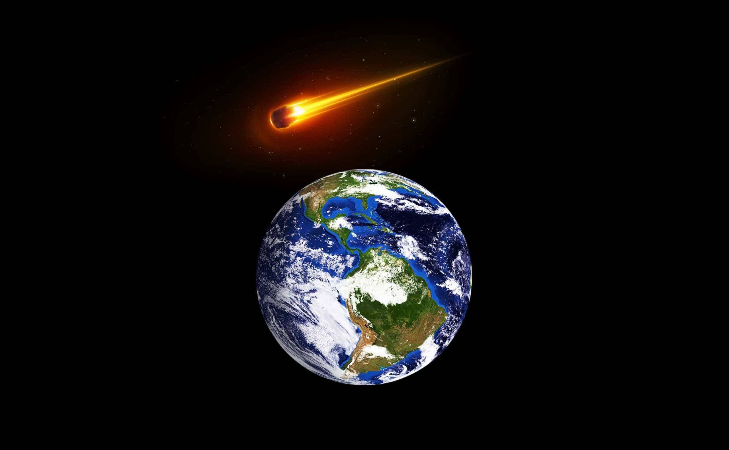 An illustration of an asteroid approaching Earth