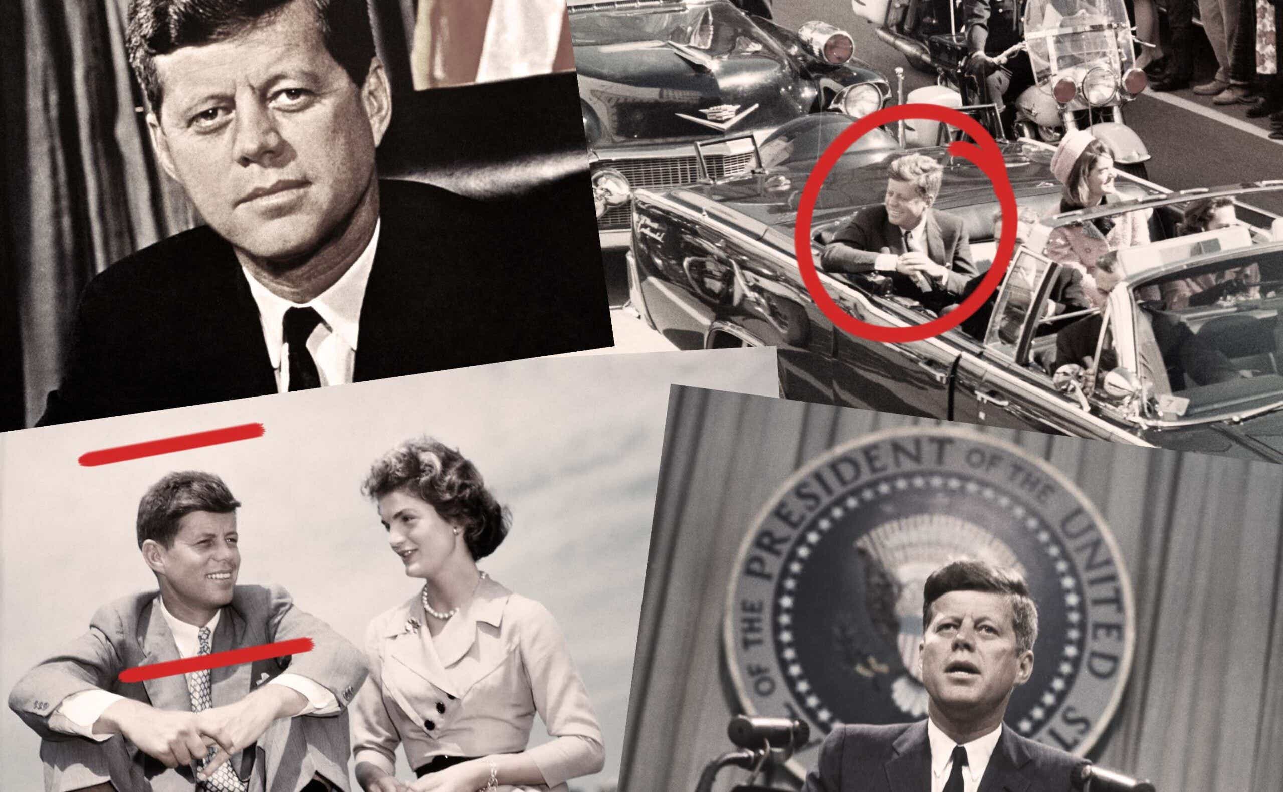 A montage of photos of JFK and his wife Jacqueline, with pen marks annotating them