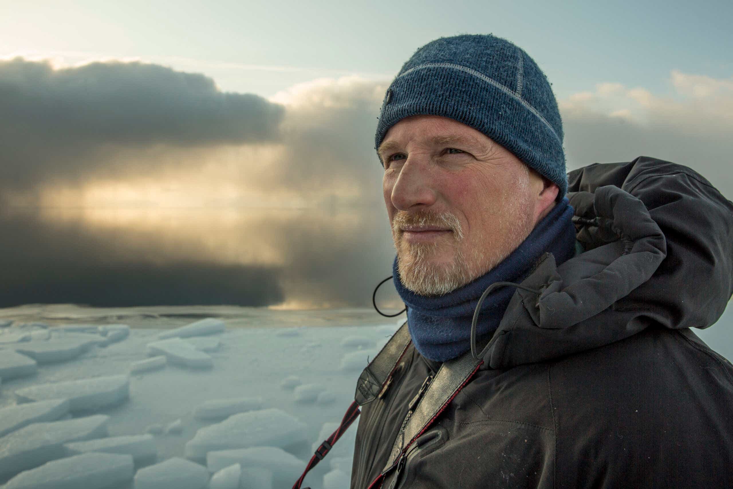 Photographer Paul Nicklen on the edge of the sea ice, Greenland