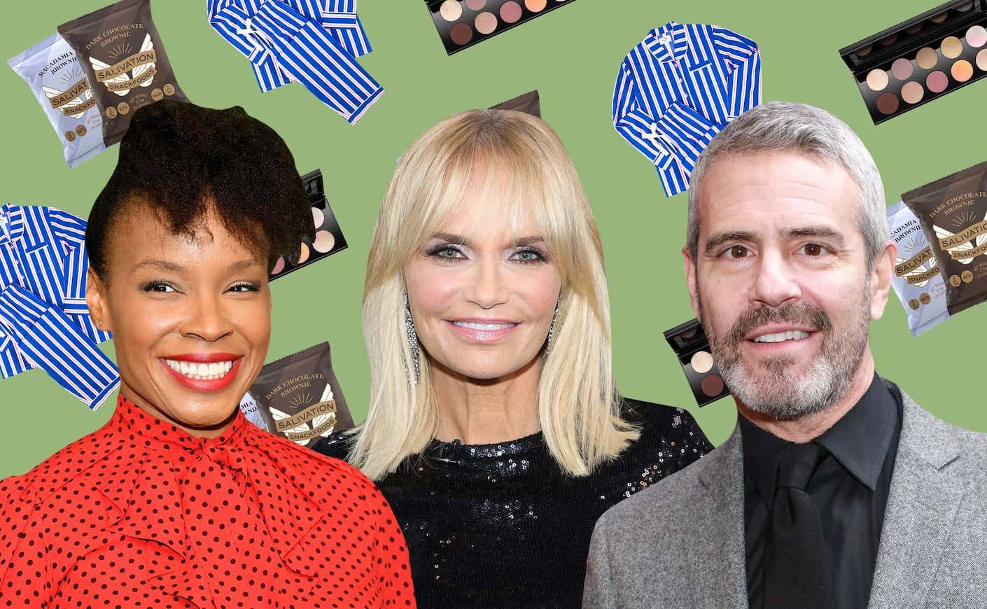 amber ruffin, kristen chenoweth, and andy cohen against a backdrop of gifts