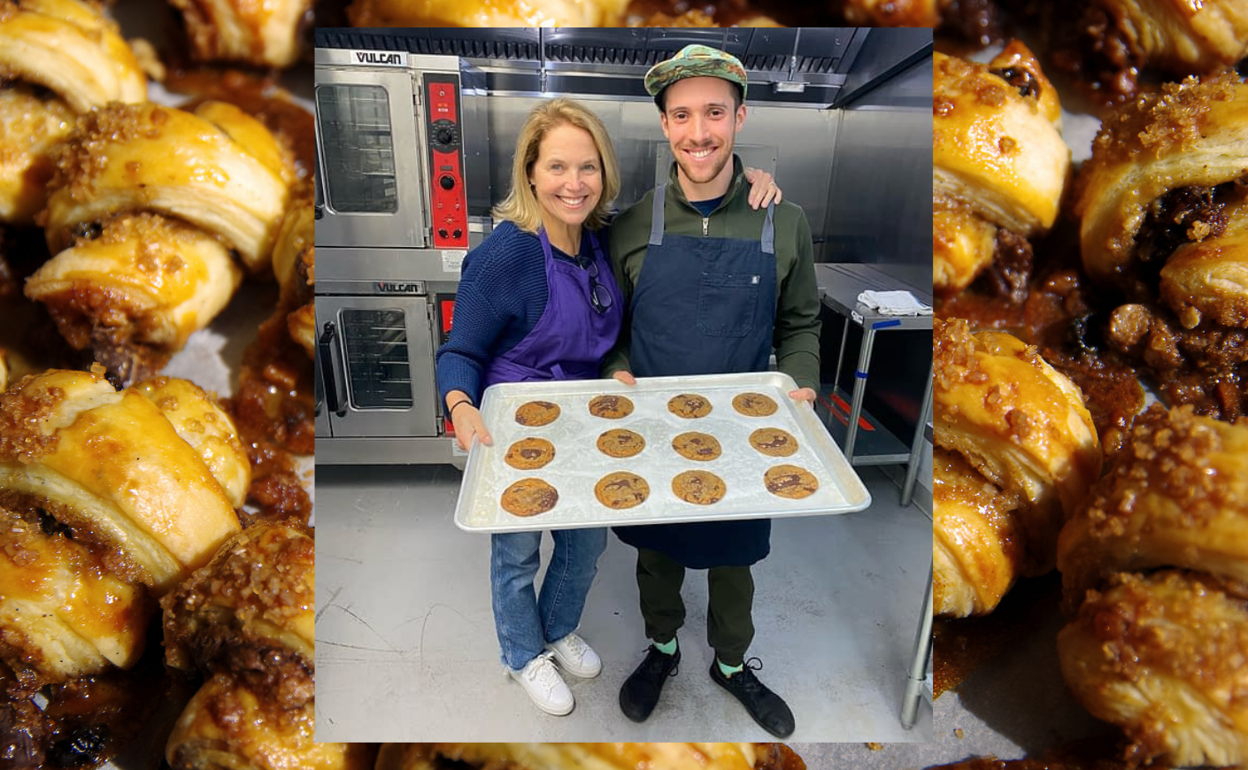 Katie Couric and a baker with a tray of cookies