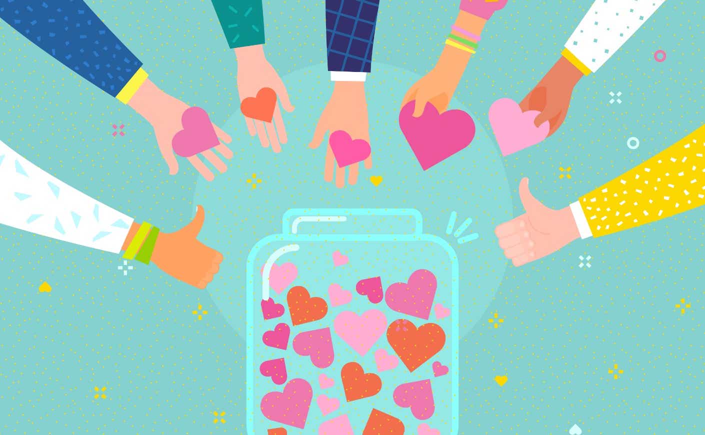 Illustration of hands putting hearts into a jar
