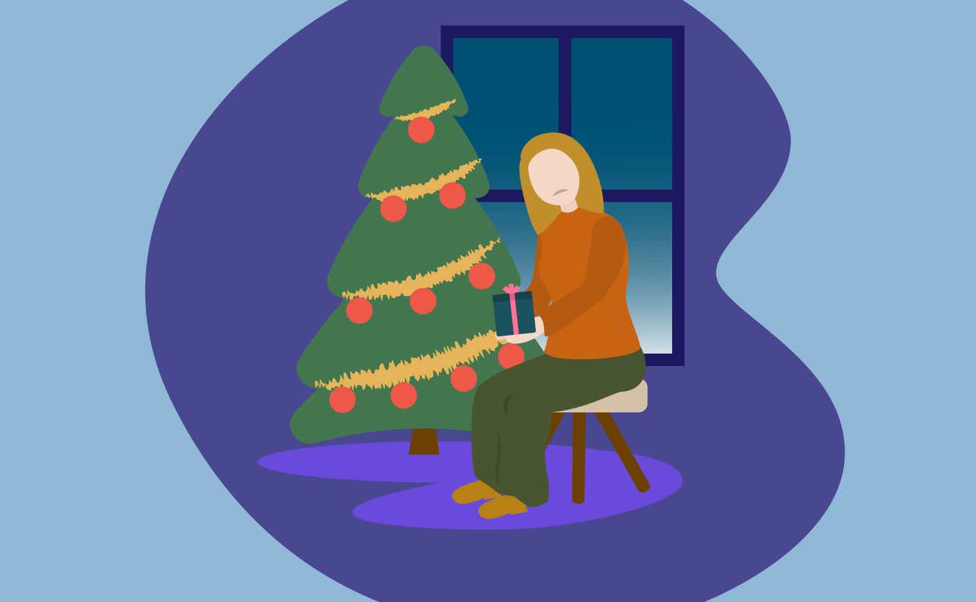 drawing of a woman sitting alone by a christmas tree holding a gift, sad