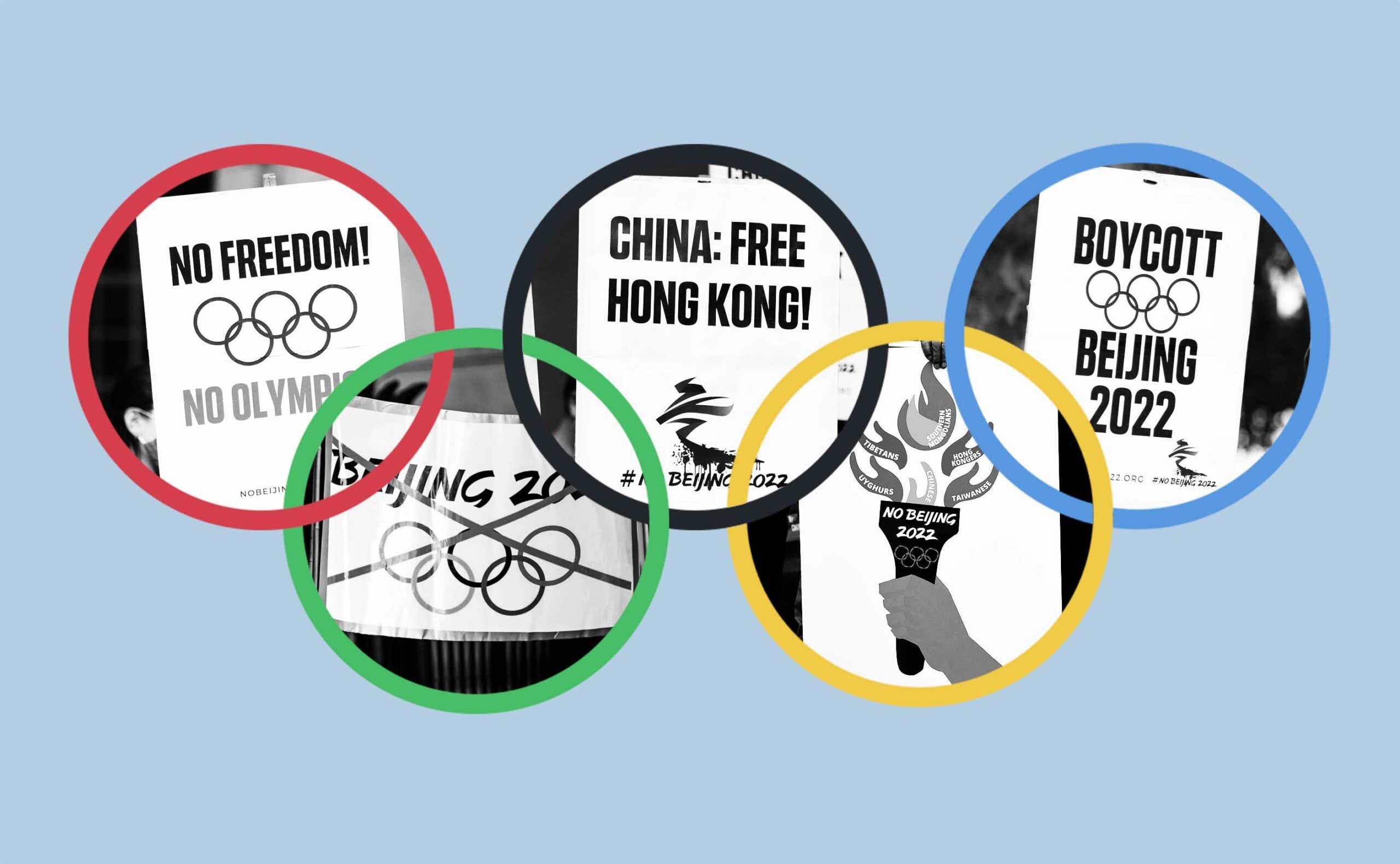 The Olympic rings with photos of protest signs