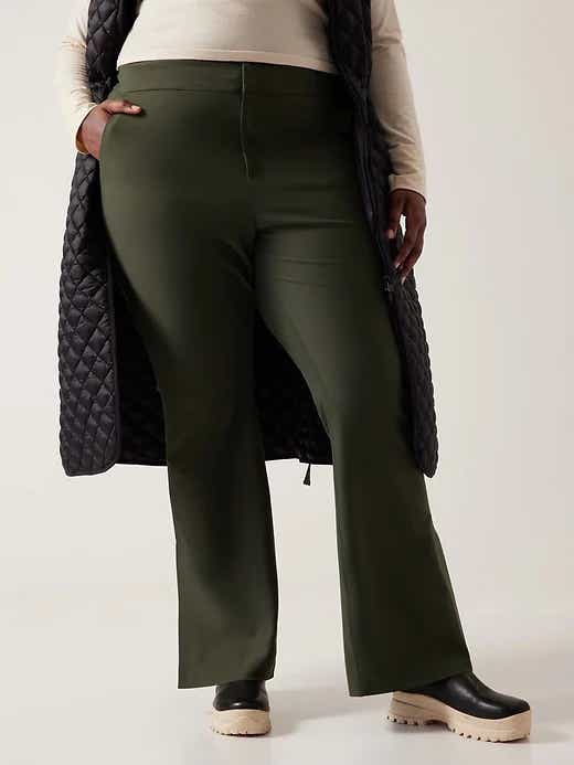 green flare trousers
