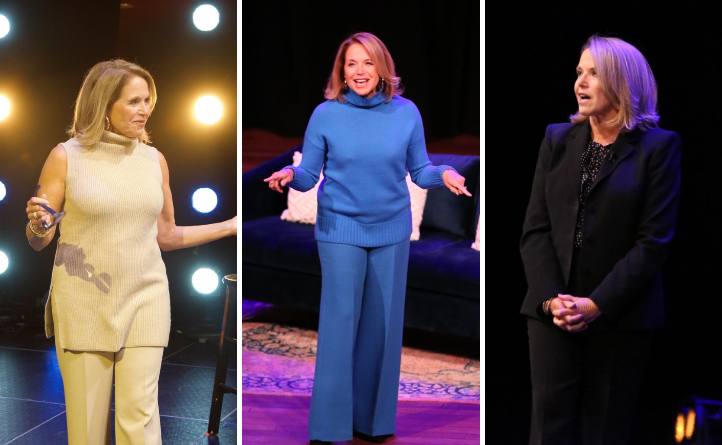 3 photos of Katie Couric on stage during her book tour