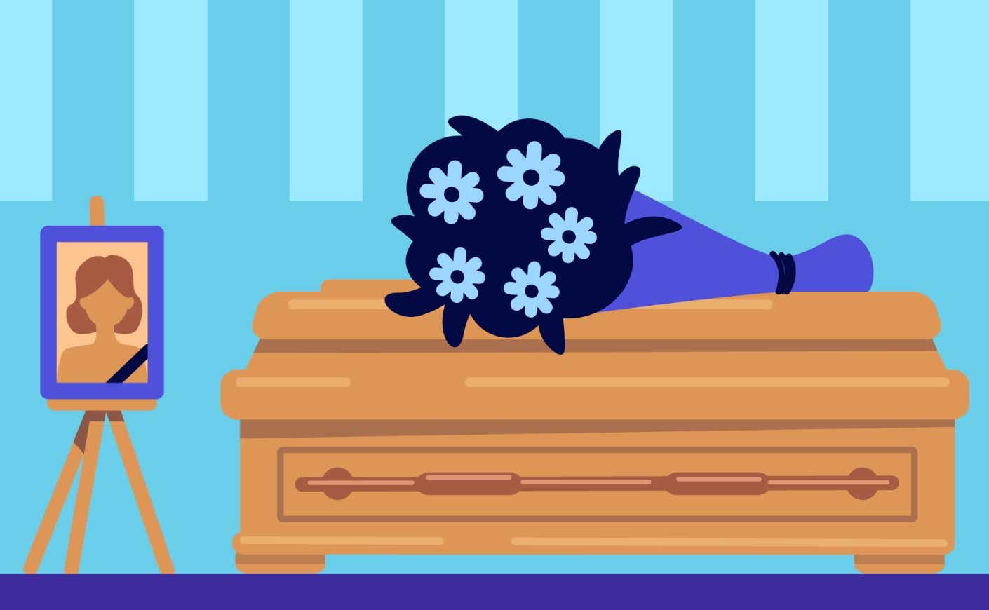 Illustration of a casket covered in floweres