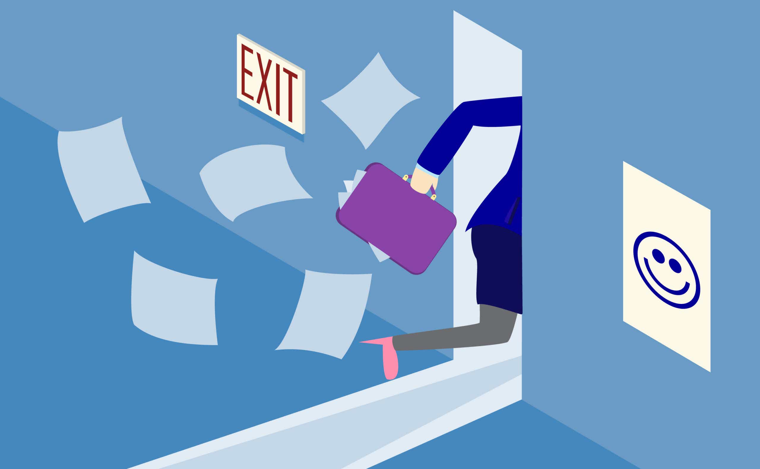 Illustration of a woman with a briefcase walking through an exit door