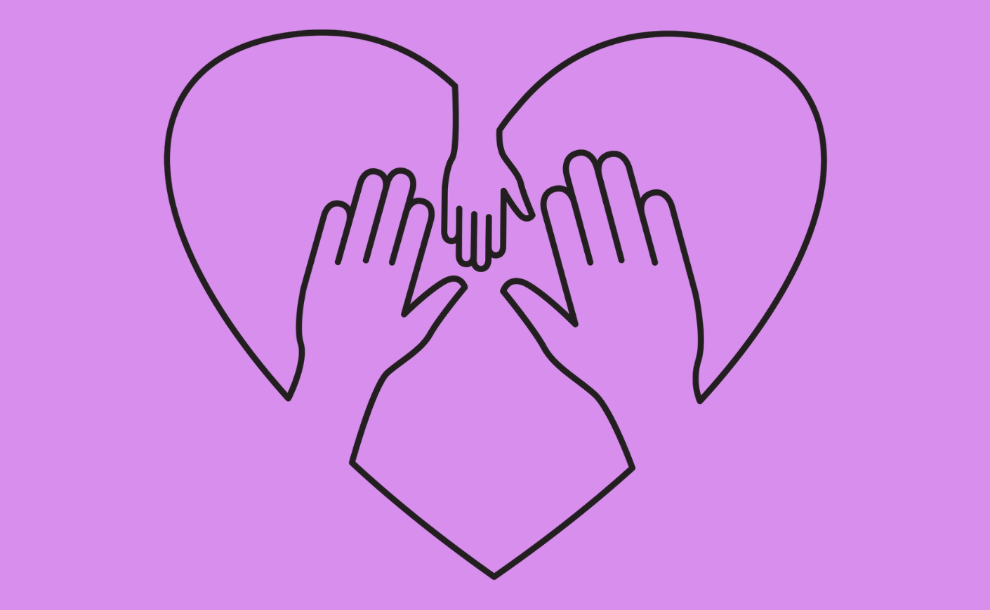 large and small hands inside a heart on a purple background