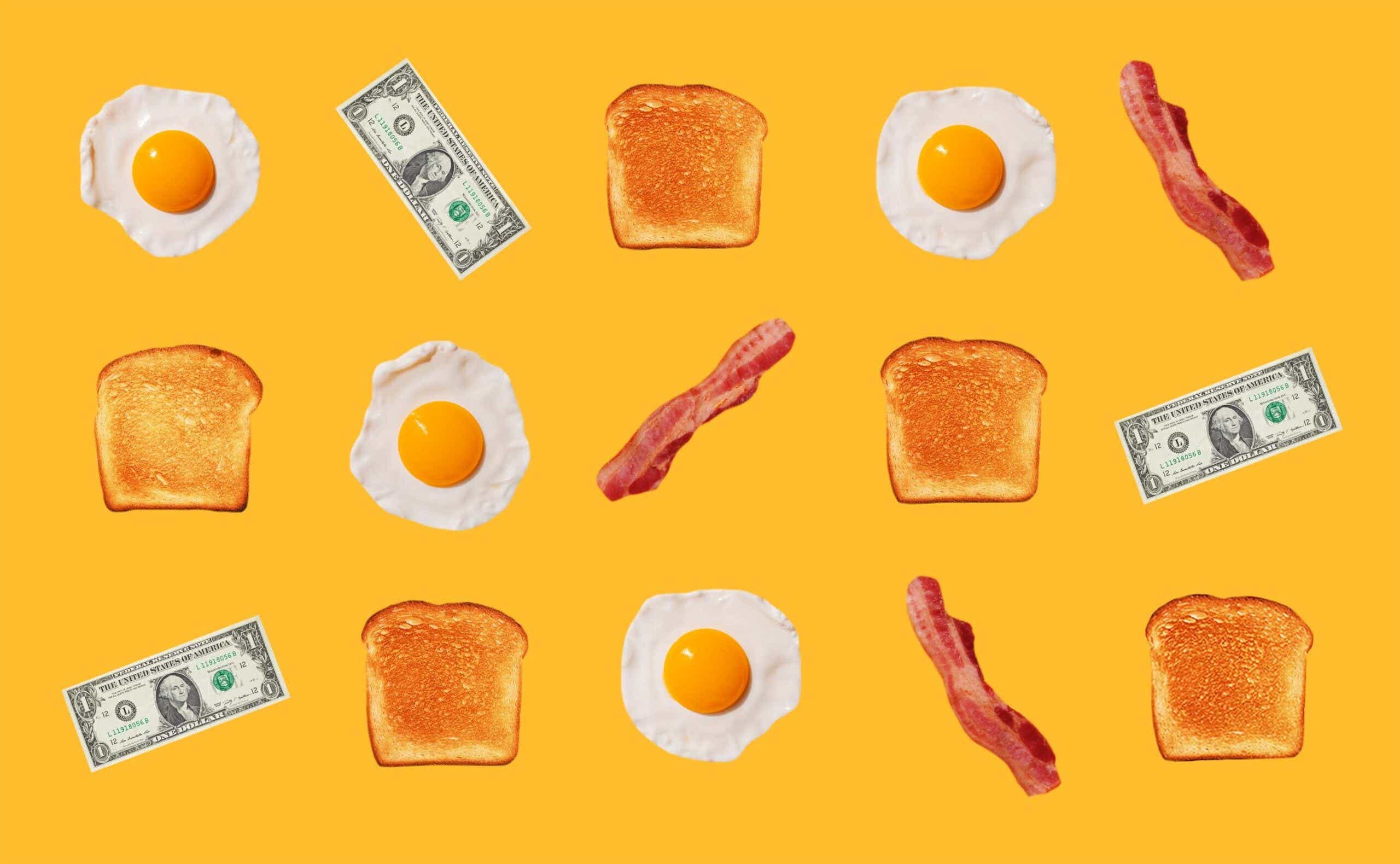 Illustration of eggs, toast, bacon, and dollar bills