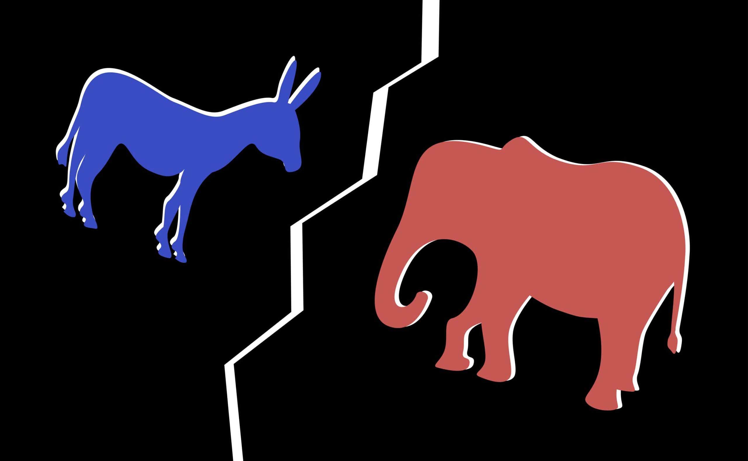 Illustration of a blue donkey and red elephant